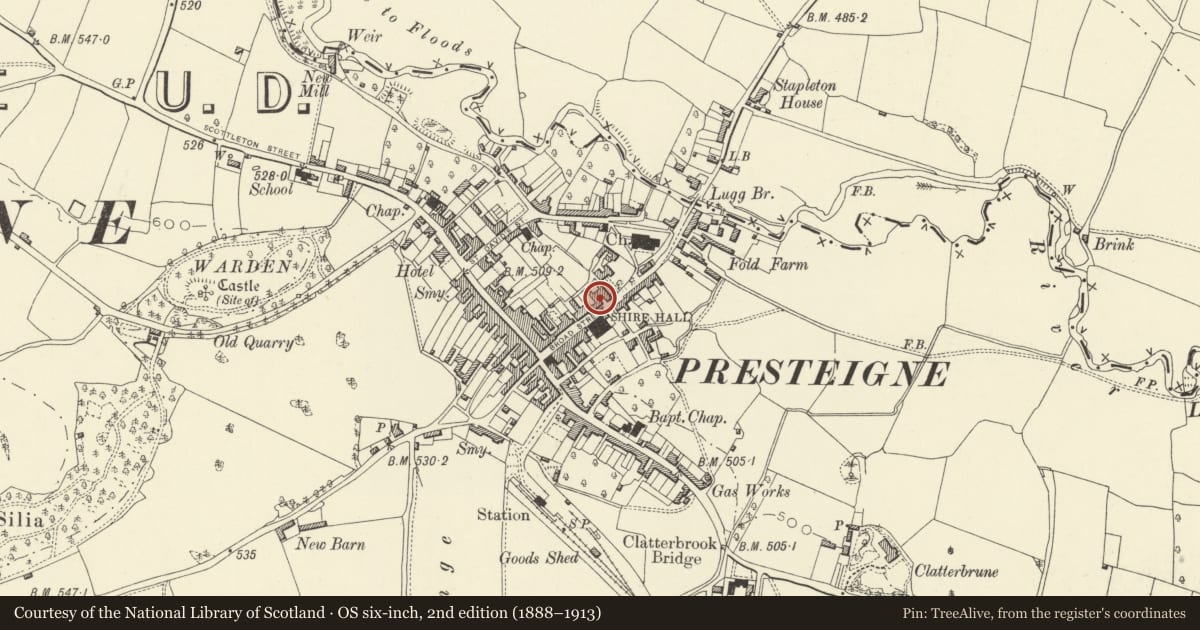Ordnance Survey six-inch map, 2nd edition (1888–1913) covering the location of Formerly The Old Oak PH, Presteigne, Powys, with a pin at the register's coordinates