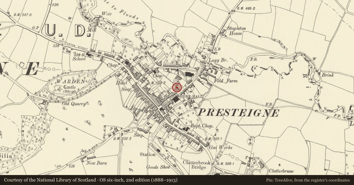 Ordnance Survey six-inch map, 2nd edition (1888–1913) covering the location of Well Cottage, Presteigne, Powys, with a pin at the register's coordinates