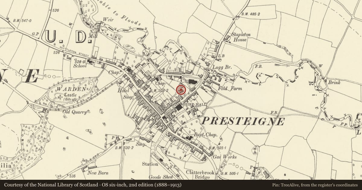Ordnance Survey six-inch map, 2nd edition (1888–1913) covering the location of Old Rectory, Presteigne, Powys, with a pin at the register's coordinates