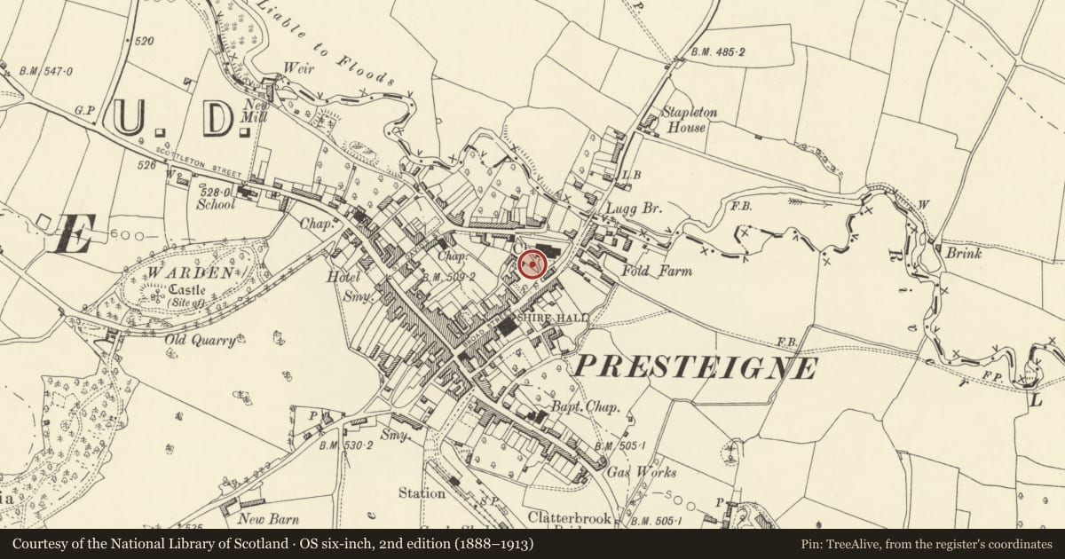 Ordnance Survey six-inch map, 2nd edition (1888–1913) covering the location of Garden Wall at The Old Rectory, Presteigne, Powys, with a pin at the register's coordinates