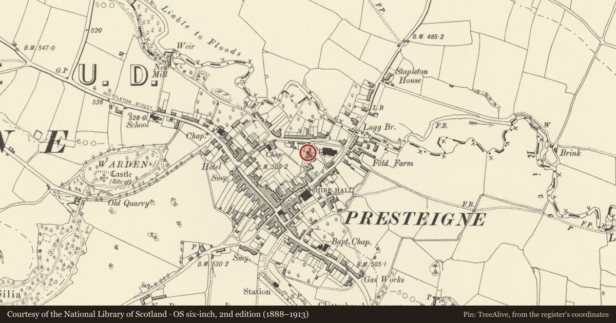 Ordnance Survey six-inch map, 2nd edition (1888–1913) covering the location of Old Rectory Barn, Presteigne, Powys, with a pin at the register's coordinates