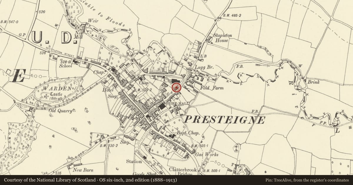 Ordnance Survey six-inch map, 2nd edition (1888–1913) covering the location of Church House, Presteigne, Powys, with a pin at the register's coordinates