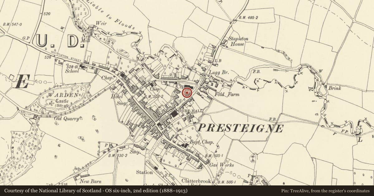 Ordnance Survey six-inch map, 2nd edition (1888–1913) covering the location of Base of Cross at St. Andrew's Churchyard, Presteigne, Powys, with a pin at the register's coordinates