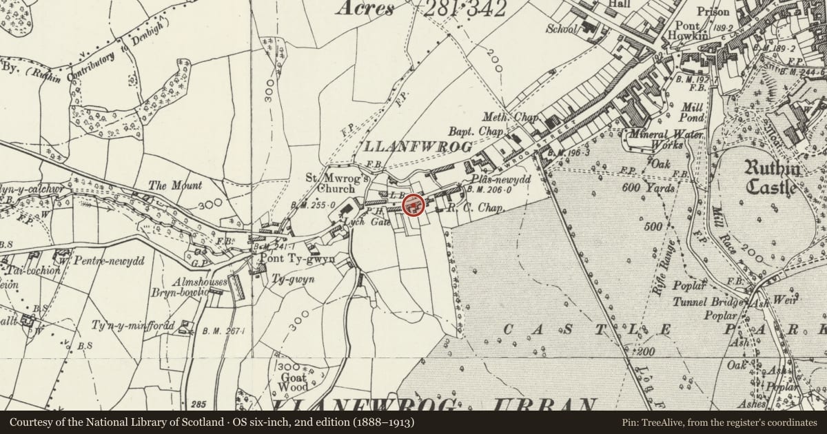 Ordnance Survey six-inch map, 2nd edition (1888–1913) covering the location of 139-145, Ruthin, Denbighshire, with a pin at the register's coordinates