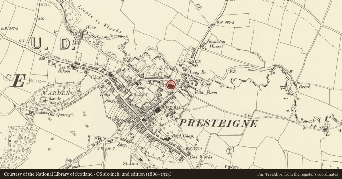 Ordnance Survey six-inch map, 2nd edition (1888–1913) covering the location of St Andrew's Church, Presteigne, Powys, with a pin at the register's coordinates