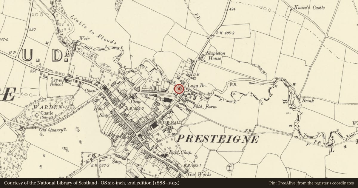 Ordnance Survey six-inch map, 2nd edition (1888–1913) covering the location of Ford View (formerly Old Bridge Inn), Presteigne, Powys, with a pin at the register's coordinates