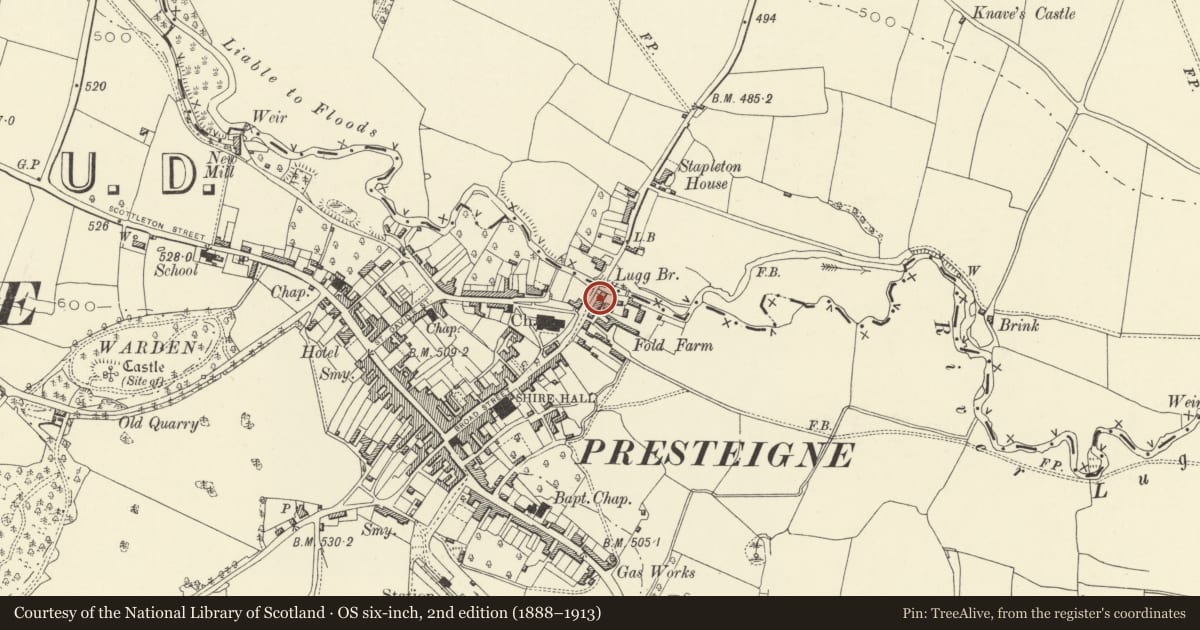 Ordnance Survey six-inch map, 2nd edition (1888–1913) covering the location of Tan House, Presteigne, Powys, with a pin at the register's coordinates