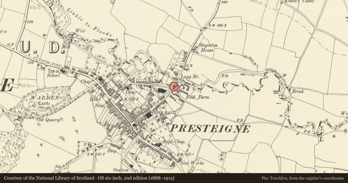 Ordnance Survey six-inch map, 2nd edition (1888–1913) covering the location of 20&21 Broad Street, Presteigne, Powys, with a pin at the register's coordinates