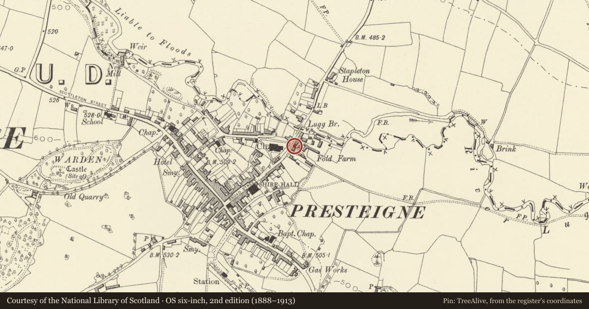 Ordnance Survey six-inch map, 2nd edition (1888–1913) covering the location of Fold Farmhouse, Presteigne, Powys, with a pin at the register's coordinates