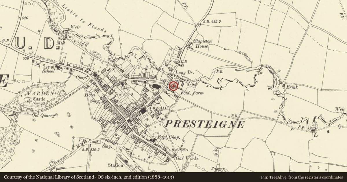 Ordnance Survey six-inch map, 2nd edition (1888–1913) covering the location of Stable, Byre and Corn Barn Ranges at Fold Farm, Presteigne, Powys, with a pin at the register's coordinates