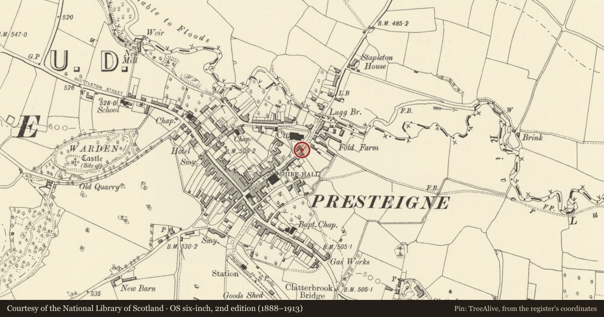 Ordnance Survey six-inch map, 2nd edition (1888–1913) covering the location of Roseland, Presteigne, Powys, with a pin at the register's coordinates