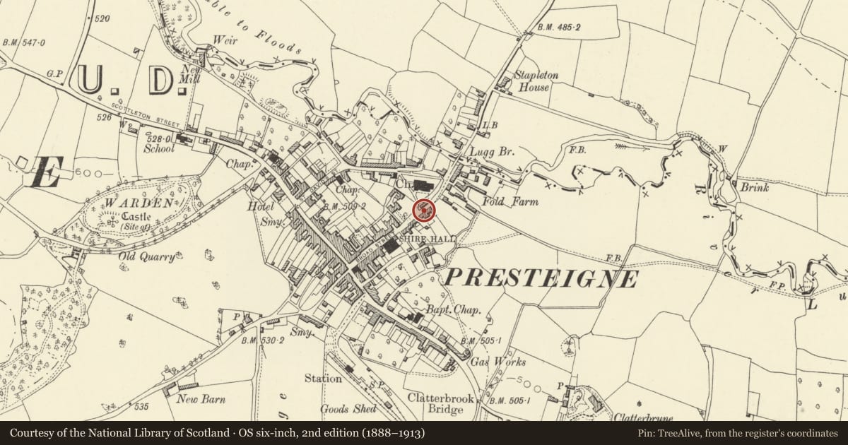 Ordnance Survey six-inch map, 2nd edition (1888–1913) covering the location of Church View, Presteigne, Powys, with a pin at the register's coordinates