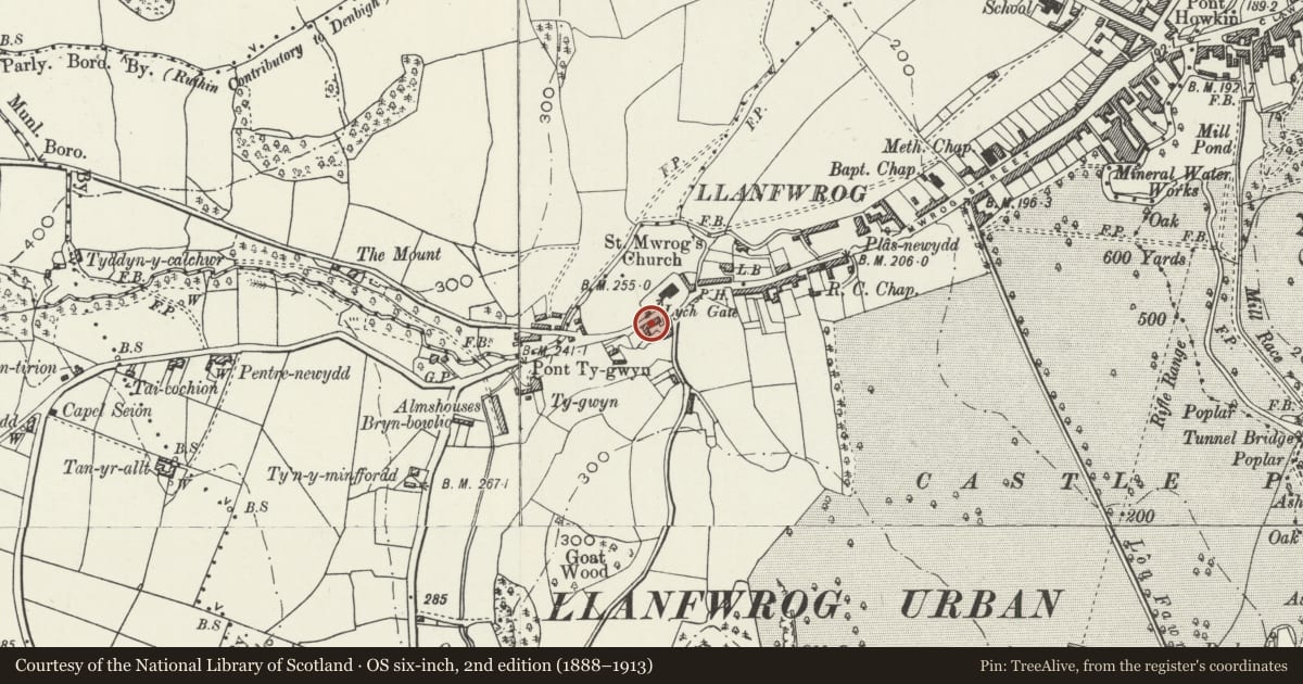 Ordnance Survey six-inch map, 2nd edition (1888–1913) covering the location of Cross Keys Hotel, Ruthin, Denbighshire, with a pin at the register's coordinates