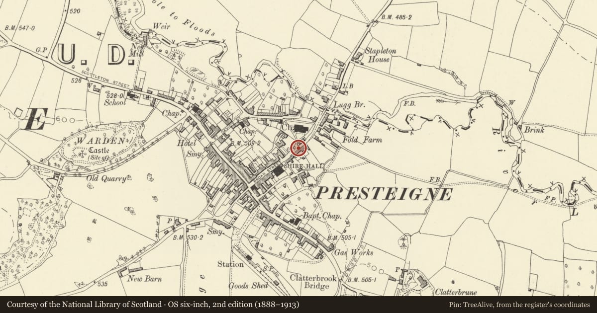 Ordnance Survey six-inch map, 2nd edition (1888–1913) covering the location of 2-5 (Consec nos.) Church View, Presteigne, Powys, with a pin at the register's coordinates