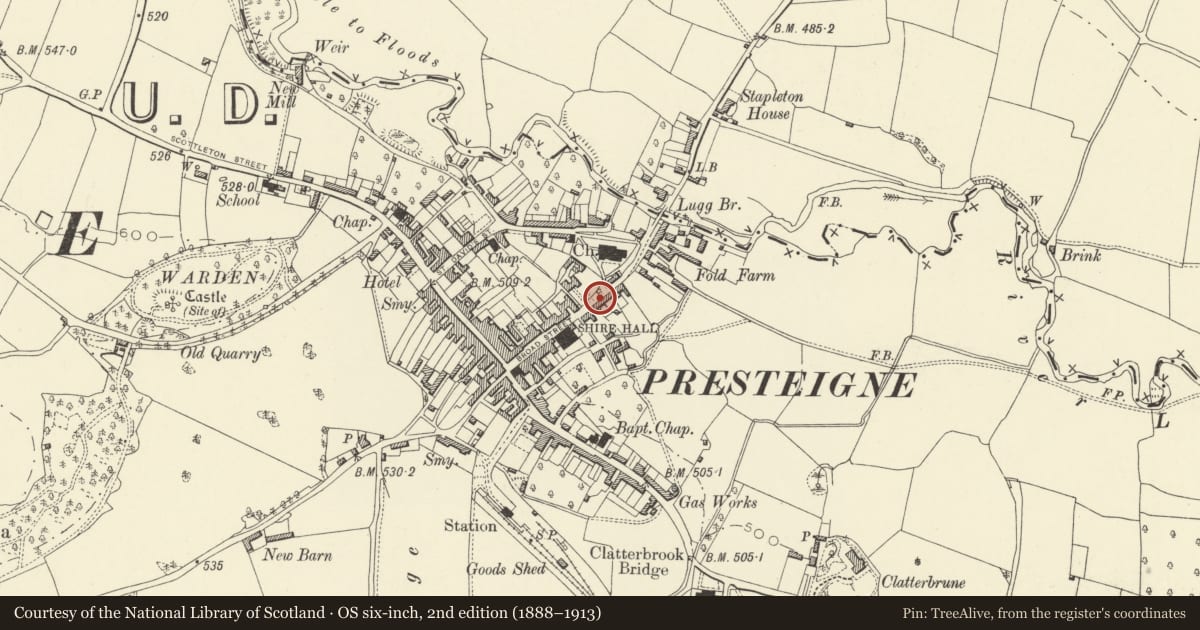 Ordnance Survey six-inch map, 2nd edition (1888–1913) covering the location of Church View, Presteigne, Powys, with a pin at the register's coordinates