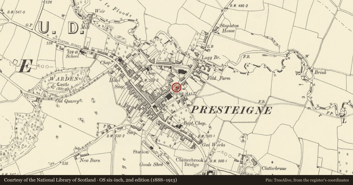Ordnance Survey six-inch map, 2nd edition (1888–1913) covering the location of Oak Villas, Presteigne, Powys, with a pin at the register's coordinates
