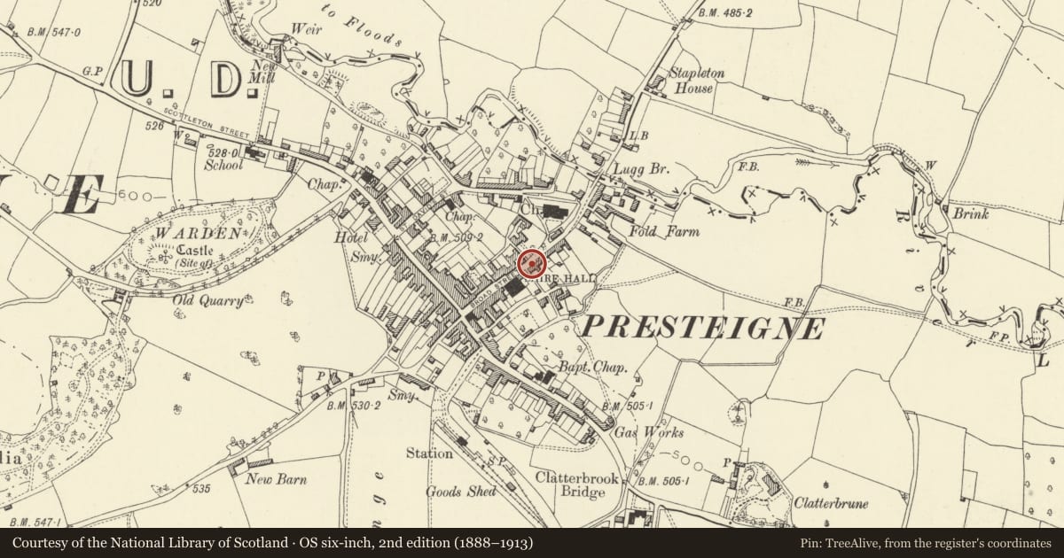 Ordnance Survey six-inch map, 2nd edition (1888–1913) covering the location of Godwin House, Presteigne, Powys, with a pin at the register's coordinates