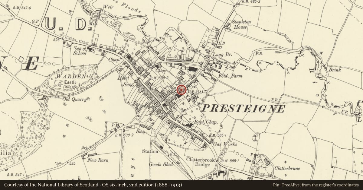 Ordnance Survey six-inch map, 2nd edition (1888–1913) covering the location of Clarence House, Presteigne, Powys, with a pin at the register's coordinates