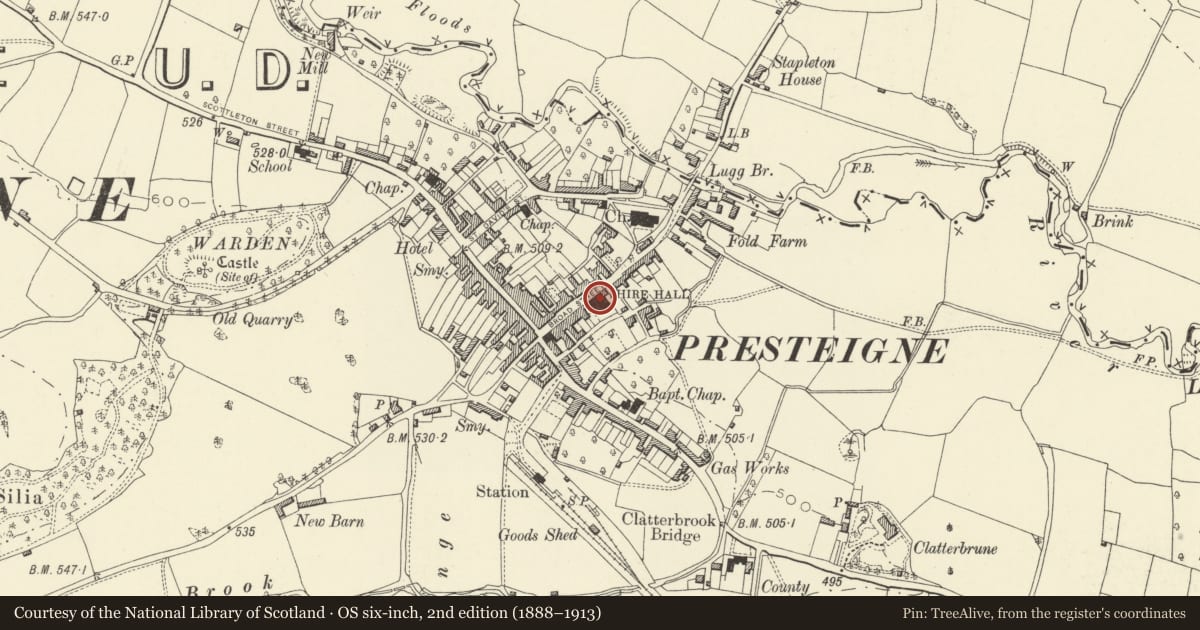 Ordnance Survey six-inch map, 2nd edition (1888–1913) covering the location of Shire Hall including Branch Library and Museum, Presteigne, Powys, with a pin at the register's coordinates