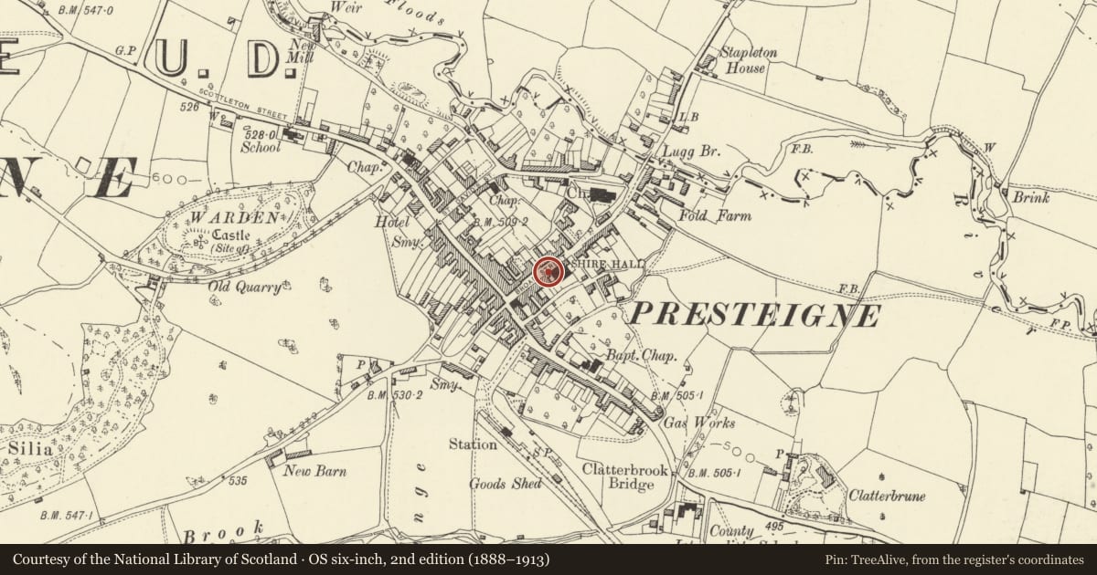 Ordnance Survey six-inch map, 2nd edition (1888–1913) covering the location of The Old Manse, Presteigne, Powys, with a pin at the register's coordinates