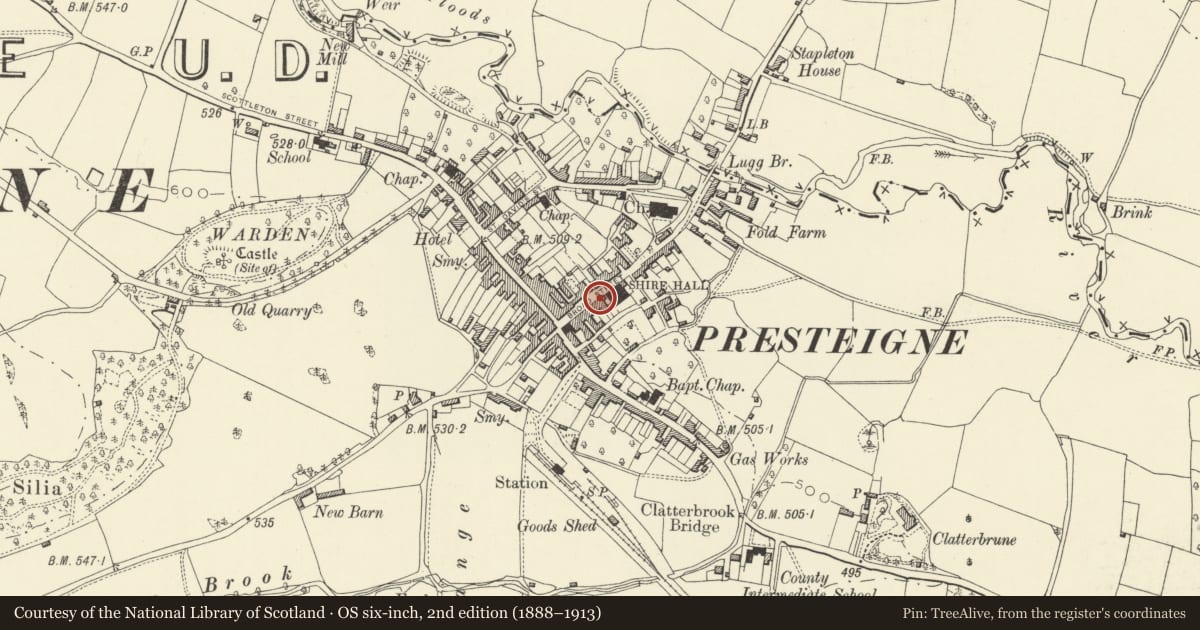 Ordnance Survey six-inch map, 2nd edition (1888–1913) covering the location of Croesaw, Presteigne, Powys, with a pin at the register's coordinates
