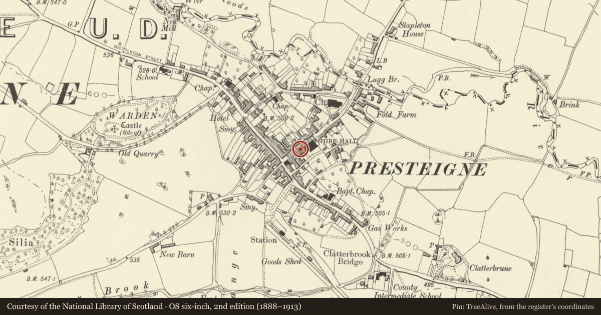 Ordnance Survey six-inch map, 2nd edition (1888–1913) covering the location of Hafod, Presteigne, Powys, with a pin at the register's coordinates