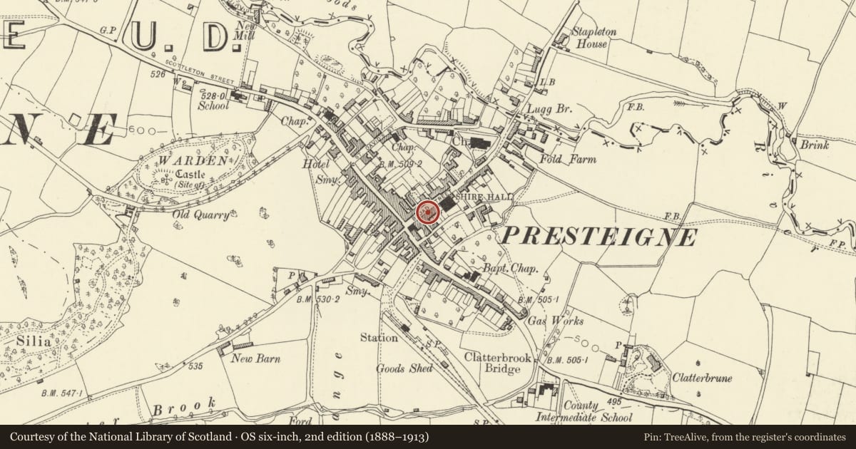 Ordnance Survey six-inch map, 2nd edition (1888–1913) covering the location of Red House, Presteigne, Powys, with a pin at the register's coordinates