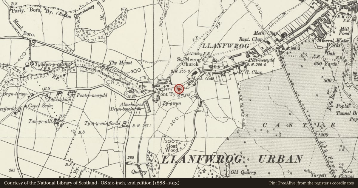 Ordnance Survey six-inch map, 2nd edition (1888–1913) covering the location of Pen y Bryn, Ruthin, Denbighshire, with a pin at the register's coordinates