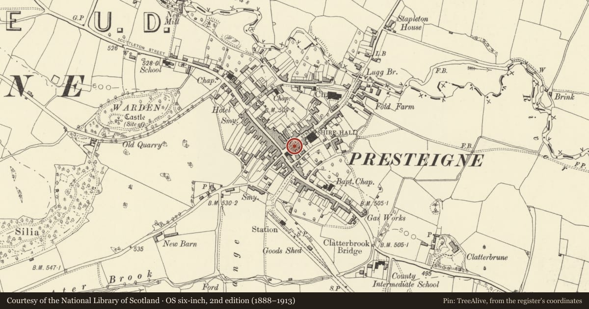 Ordnance Survey six-inch map, 2nd edition (1888–1913) covering the location of Duke's Arms PH including Off-Licence shop, Presteigne, Powys, with a pin at the register's coordinates