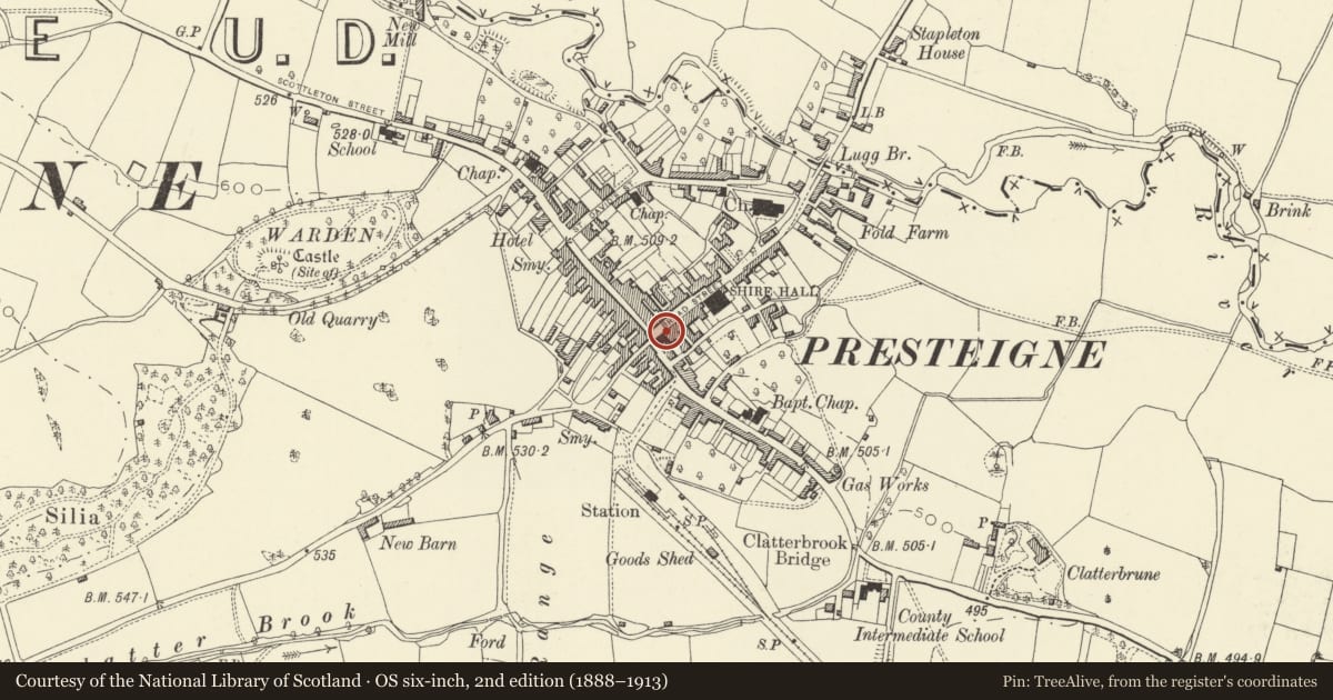 Ordnance Survey six-inch map, 2nd edition (1888–1913) covering the location of London House (Browsers Boutique) including Flat over, Presteigne, Powys, with a pin at the register's coordinates