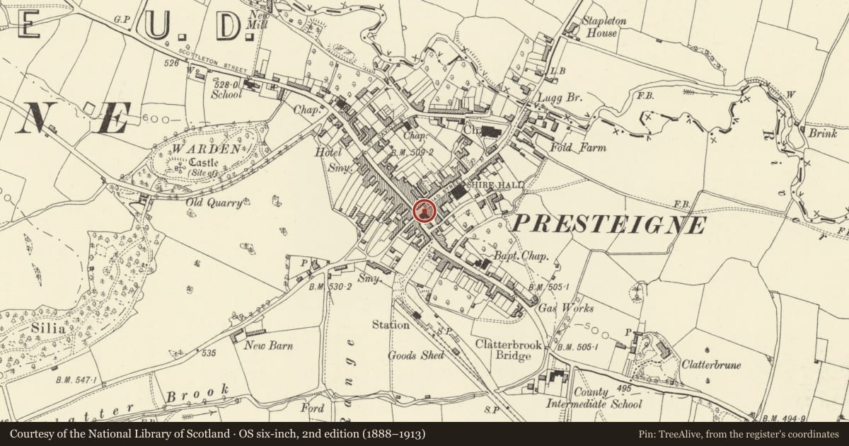 Ordnance Survey six-inch map, 2nd edition (1888–1913) covering the location of Market Hall, Presteigne, Powys, with a pin at the register's coordinates