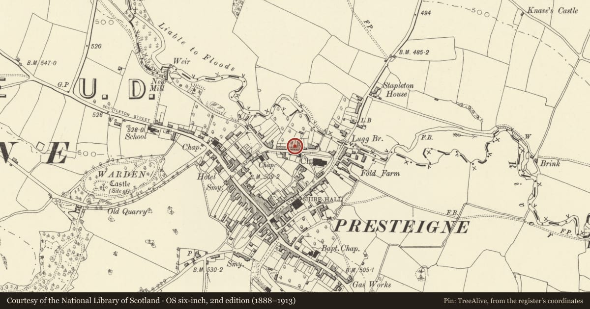 Ordnance Survey six-inch map, 2nd edition (1888–1913) covering the location of 11 Church Street, Presteigne, Powys, with a pin at the register's coordinates