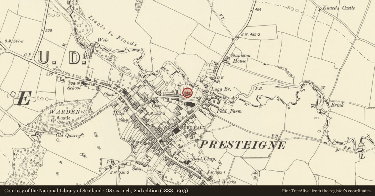 Ordnance Survey six-inch map, 2nd edition (1888–1913) covering the location of Garrison House, Presteigne, Powys, with a pin at the register's coordinates