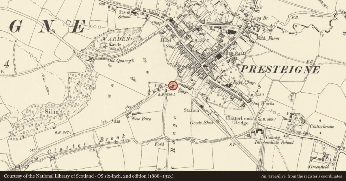 Ordnance Survey six-inch map, 2nd edition (1888–1913) covering the location of Paradise Villa, Presteigne, Powys, with a pin at the register's coordinates