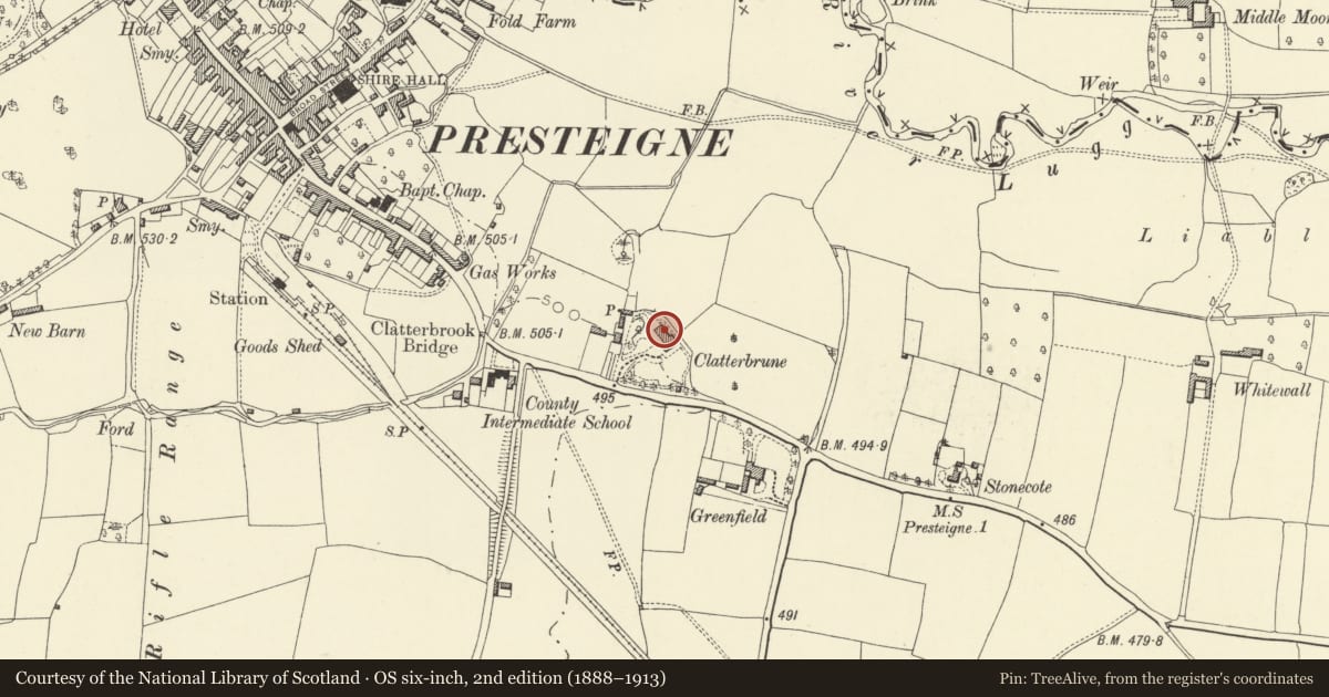 Ordnance Survey six-inch map, 2nd edition (1888–1913) covering the location of Clatterbrune and Clatterbrune West, Presteigne, Powys, with a pin at the register's coordinates
