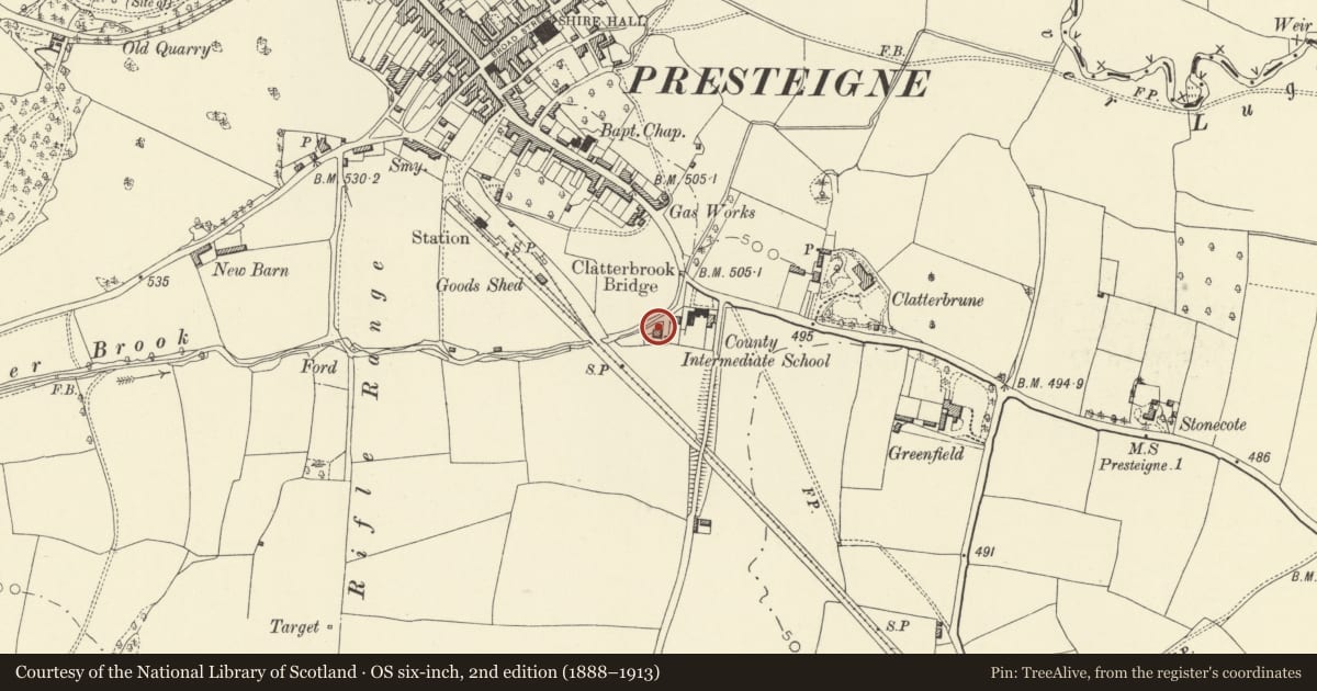 Ordnance Survey six-inch map, 2nd edition (1888–1913) covering the location of The Temple, Presteigne, Powys, with a pin at the register's coordinates