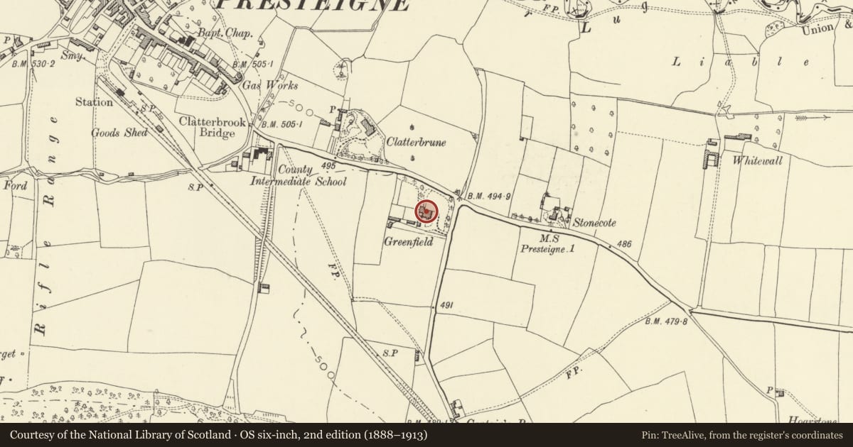 Ordnance Survey six-inch map, 2nd edition (1888–1913) covering the location of Greenfield House, including gate Piers and Railings, Presteigne, Powys, with a pin at the register's coordinates