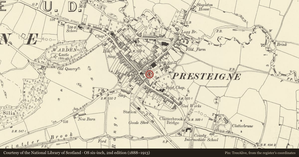 Ordnance Survey six-inch map, 2nd edition (1888–1913) covering the location of Myrtle Cottage, Presteigne, Powys, with a pin at the register's coordinates