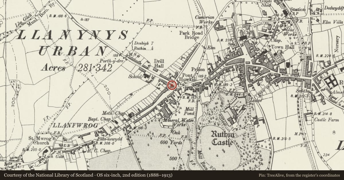 Ordnance Survey six-inch map, 2nd edition (1888–1913) covering the location of Park Place Hotel, Ruthin, Denbighshire, with a pin at the register's coordinates