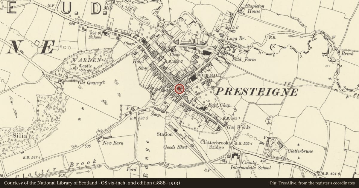 Ordnance Survey six-inch map, 2nd edition (1888–1913) covering the location of Farmer's Arms, Presteigne, Powys, with a pin at the register's coordinates
