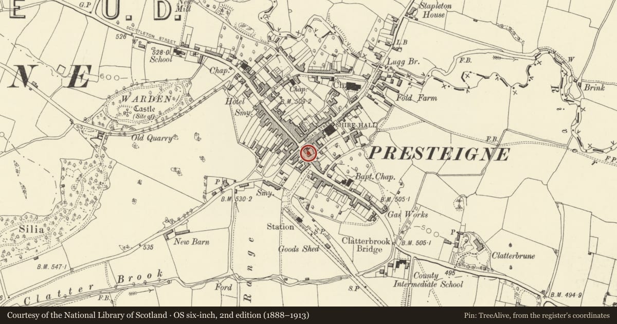 Ordnance Survey six-inch map, 2nd edition (1888–1913) covering the location of 2 Hereford Street, Presteigne, Powys, with a pin at the register's coordinates