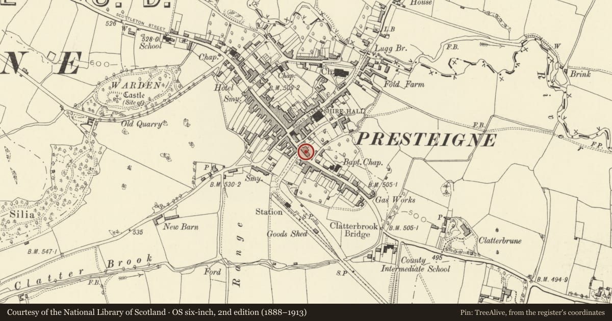 Ordnance Survey six-inch map, 2nd edition (1888–1913) covering the location of 6 & 7 Hereford Street, Presteigne, Powys, with a pin at the register's coordinates