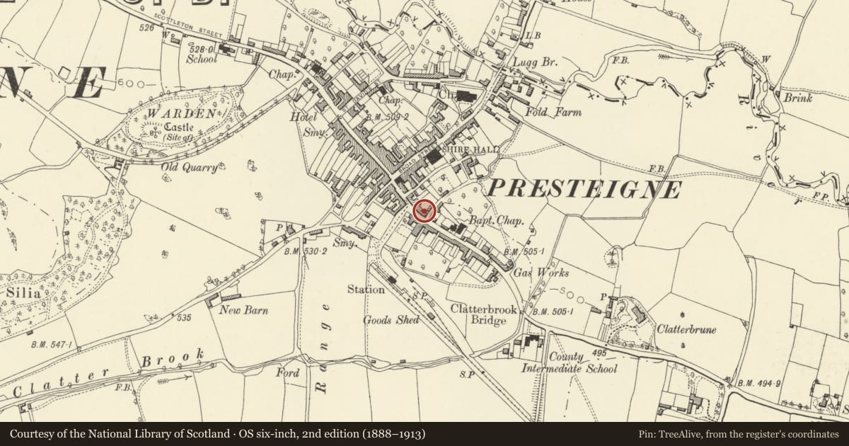 Ordnance Survey six-inch map, 2nd edition (1888–1913) covering the location of 8 Hereford Street, Presteigne, Powys, with a pin at the register's coordinates
