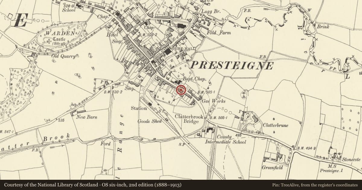 Ordnance Survey six-inch map, 2nd edition (1888–1913) covering the location of Barley Mow P.H., Presteigne, Powys, with a pin at the register's coordinates