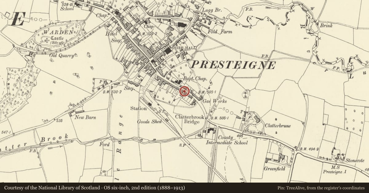 Ordnance Survey six-inch map, 2nd edition (1888–1913) covering the location of Outbuilding at yard entry next to Barley Mow PH, Presteigne, Powys, with a pin at the register's coordinates