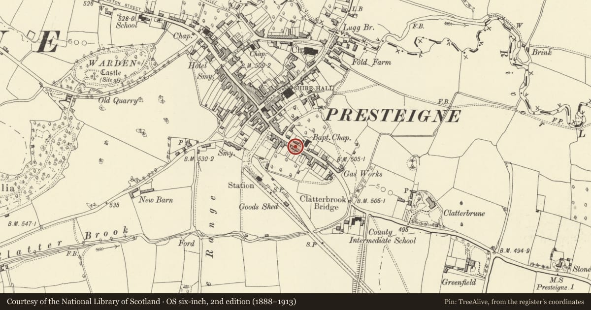 Ordnance Survey six-inch map, 2nd edition (1888–1913) covering the location of Cromwell Cottage, Presteigne, Powys, with a pin at the register's coordinates