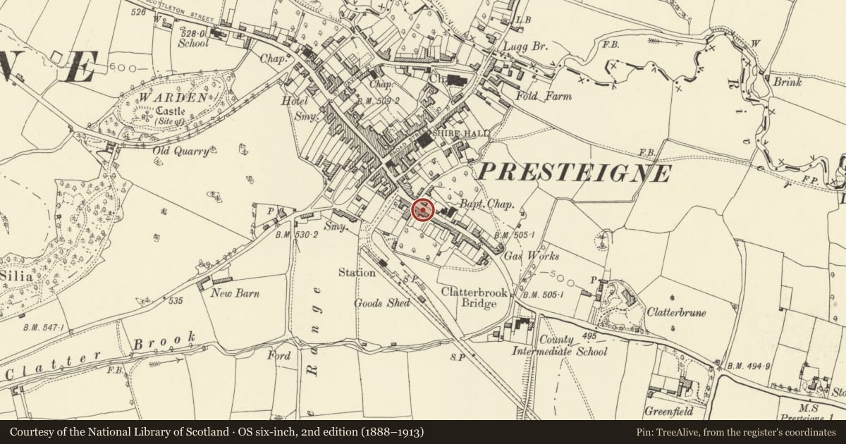 Ordnance Survey six-inch map, 2nd edition (1888–1913) covering the location of Apple Tree House, Presteigne, Powys, with a pin at the register's coordinates