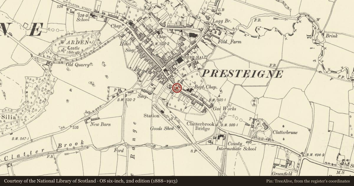 Ordnance Survey six-inch map, 2nd edition (1888–1913) covering the location of Llysrhosen, Presteigne, Powys, with a pin at the register's coordinates