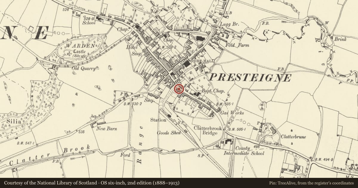 Ordnance Survey six-inch map, 2nd edition (1888–1913) covering the location of Lloyd's Bank House, Presteigne, Powys, with a pin at the register's coordinates