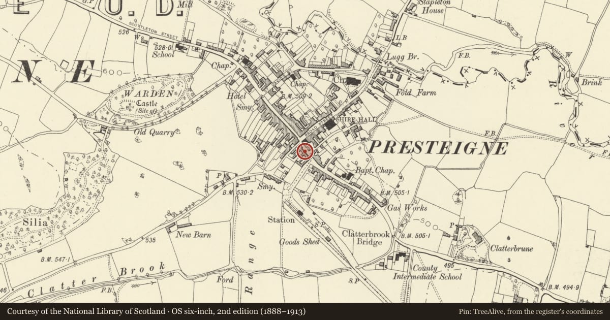 Ordnance Survey six-inch map, 2nd edition (1888–1913) covering the location of Milllfield, Presteigne, Powys, with a pin at the register's coordinates